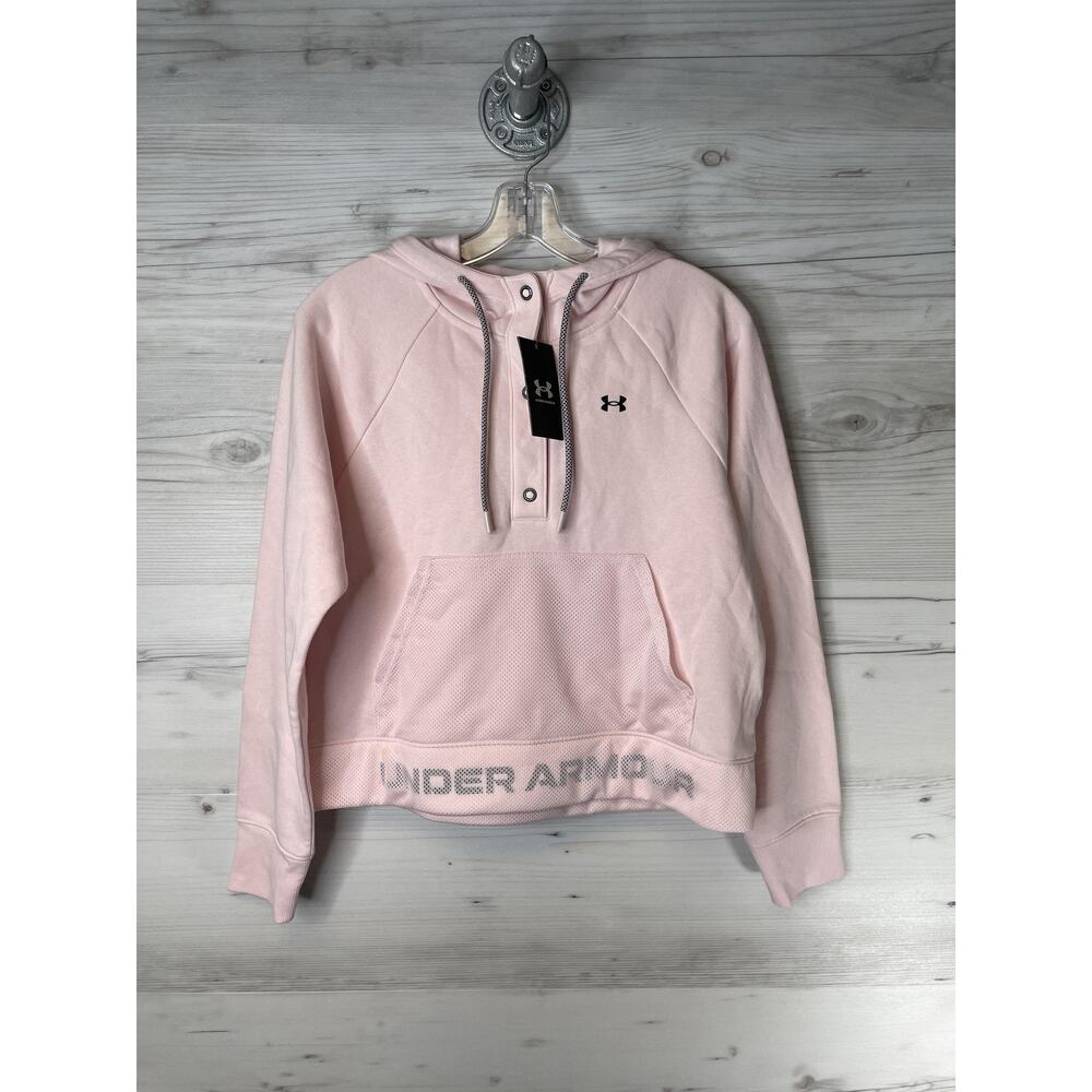 Under Armour Hoodie Womens XS Pink Rival‎ Fleece Mesh Logo Pullover Sweatshirt
